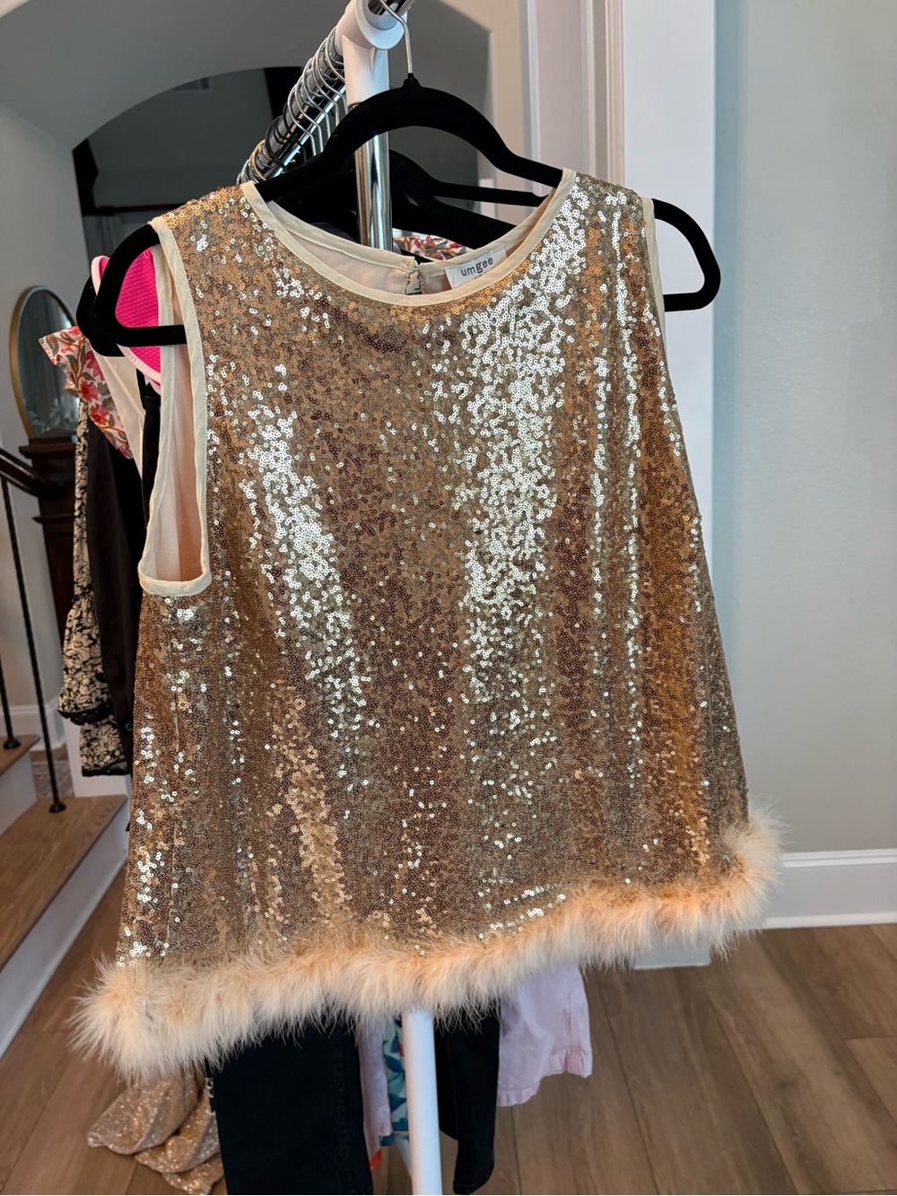 Umgee Gold Sequin Tank with Feather Trim